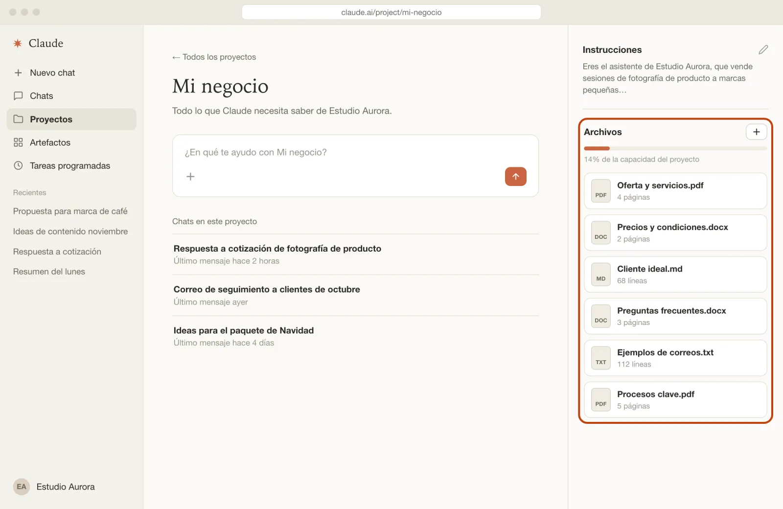Proyecto Mi negocio con seis archivos subidos: oferta, precios, cliente ideal, preguntas frecuentes, ejemplos de correos y procesos