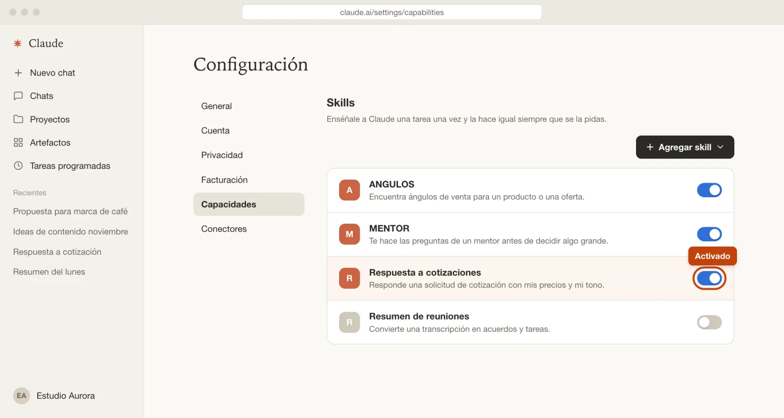 Lista de skills con ANGULOS, MENTOR y Respuesta a cotizaciones activados