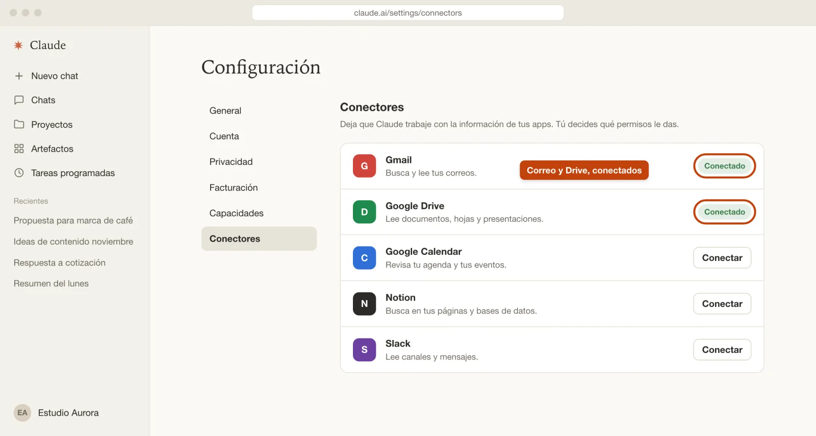 Lista de conectores con Gmail y Google Drive conectados, y Google Calendar, Notion y Slack por conectar