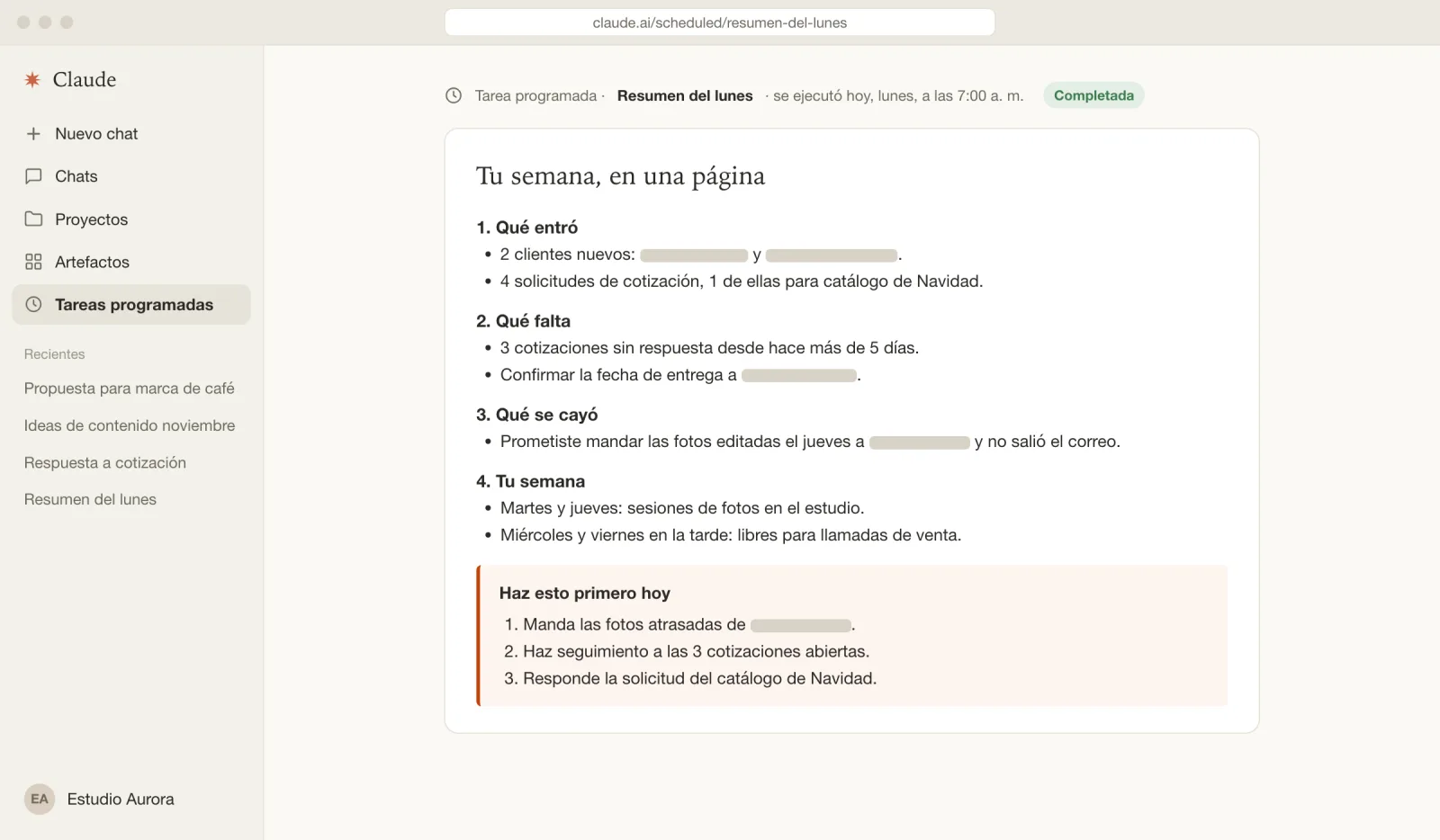 Resultado de la tarea programada: el resumen del lunes con sus secciones y las 3 cosas para hacer primero, con nombres tapados